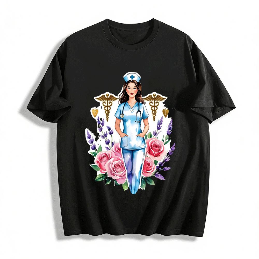 Floral Print Nurse Themed Casual Top Medical Worker Apparel Pure cotton T-shirt XXS