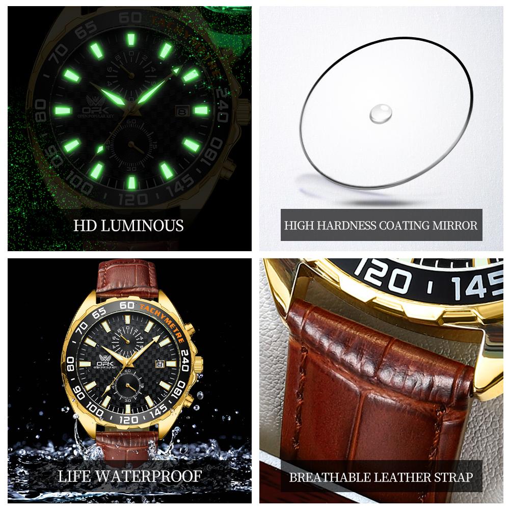 OPK 8163 Quartz Watch for Man 46mm Big Dial Leather Strap Tachymeter Auto Date Chronograph Men's Watches Waterproof Sports Watch