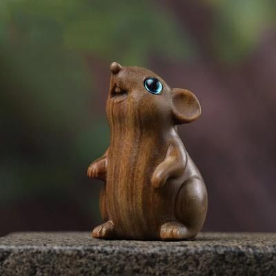 Green Sandalwood Carving Rat Statuette Animal Miniature Zodiac Mouse Ornament Office Desk Accessories For Home Decoration Gifts