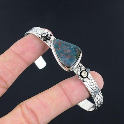 925 Silver Trillion Natural Bloodstone Birthday Boho Flower March Bangle Jewelry
