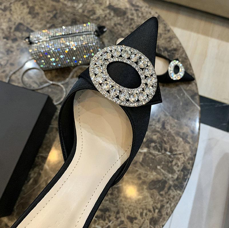 Fashion French High-Heeled Women'S 2025 Satin Rhinestone Toe Cap Slippers With Pointed Tips And Thin Heels, Stylish Small Single Shoes