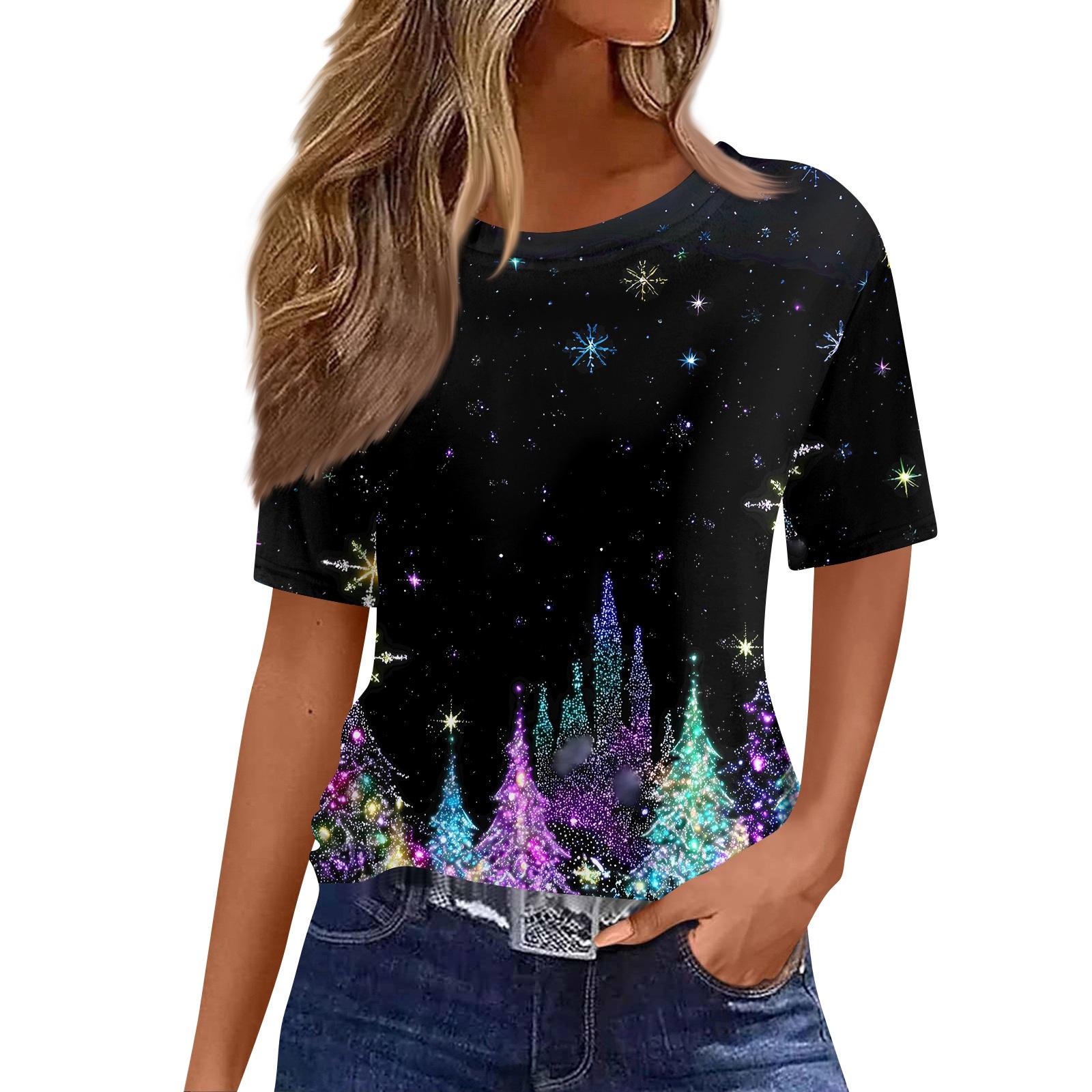 

Женский модный повседневный пуловер с коротким рукавом и рождественским принтом, с круглым вырезом S чёрный