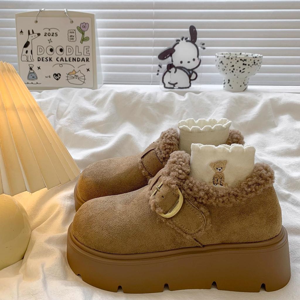 Leather Thick-soled Heightened Piled Thickened Snow Boots Women's Autumn and Winter New Warm Fluffy Cotton Shoes