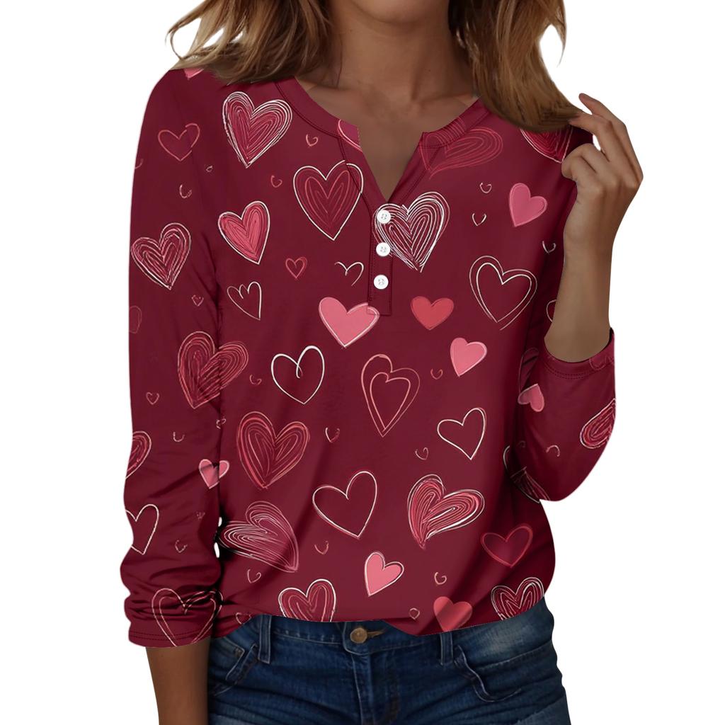 Damen T-Shirt mit Weihnachtsdruck, Knopfleiste, lange Ärmel, für den Alltag, Wochenende, modisch, Basic, V-Ausschnitt, normales Oberteil