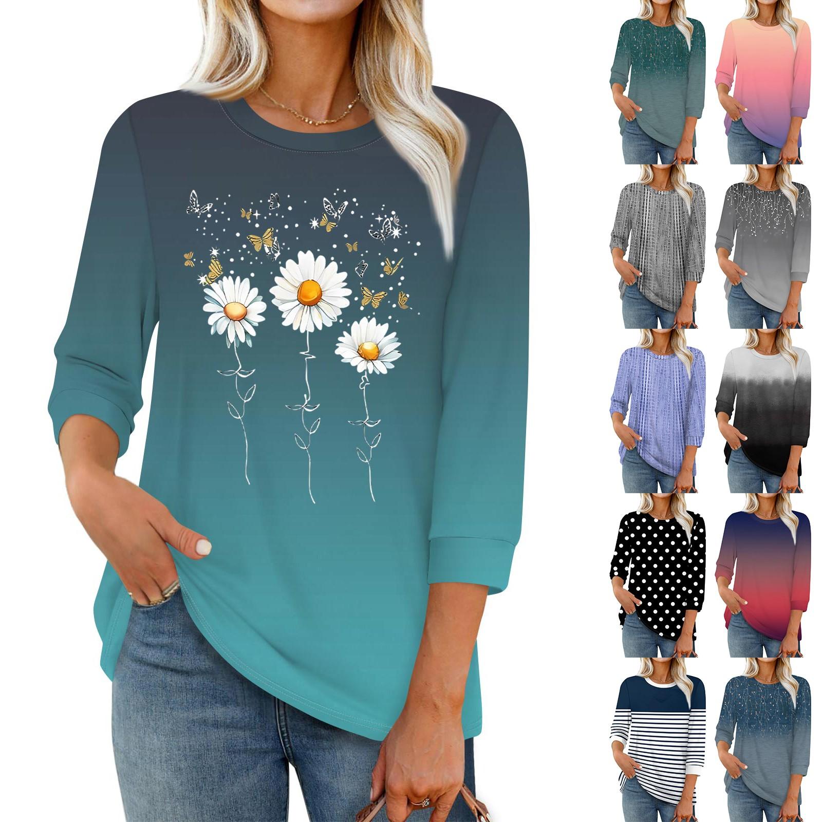 

Жіноча модна повсякденна вільна футболка з принтом і круглим вирізом з рукавом 3/4 S Темно-синій