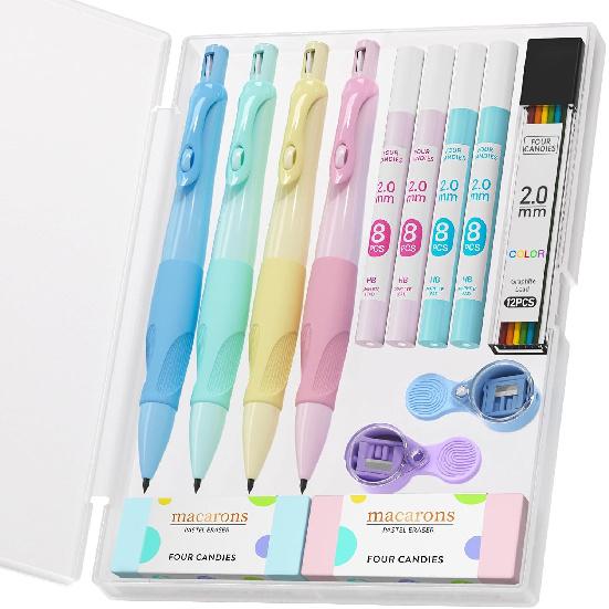 Four Candies 2.0MM Mechanical Pencil with Comfort Ergonomic Grip, 4PCS Cute Mechanical Pencils with 44PCS Lead Refills, 2PCS Sharpeners/Erasers,