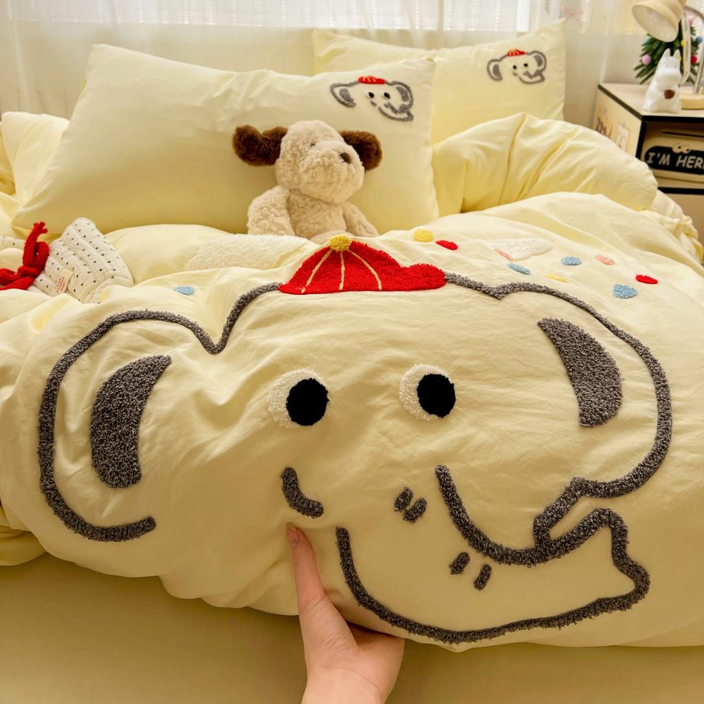 High Count High-Density Fabric Towel Embroidery Cartoon Four-Piece Bedding Set
