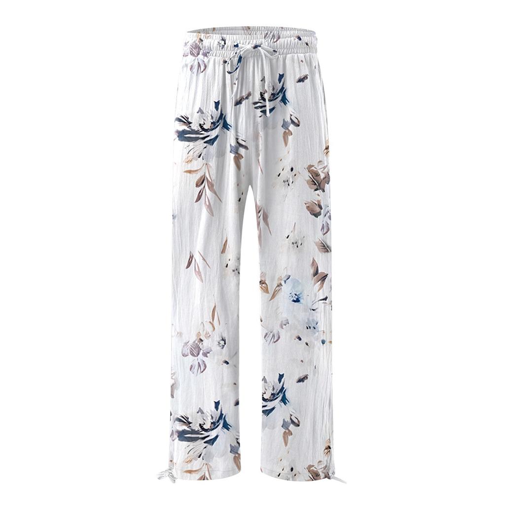 Women's  Casual Loose High Waist Cotton Linen Wide Leg Long Pants With Pockets