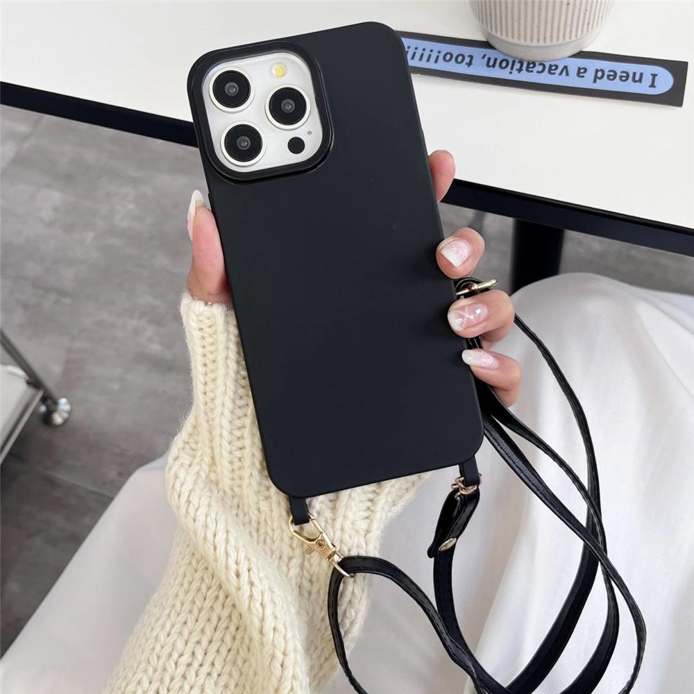 

Чехол-ремешок из искусственной кожи с цепочкой и шнурком для ожерелья из мягкого силикона для iPhone 16 15 11 12 13 14 Pro Max XS X Plus, однотонный чехол For iPhone 13 ProMax&Case & Strap