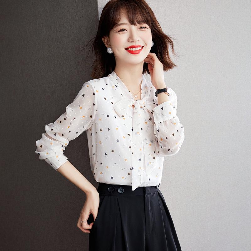 2025 Autumn Floral Long Sleeve Bowknot Chiffon Shirt - Slimming & Tummy Covering