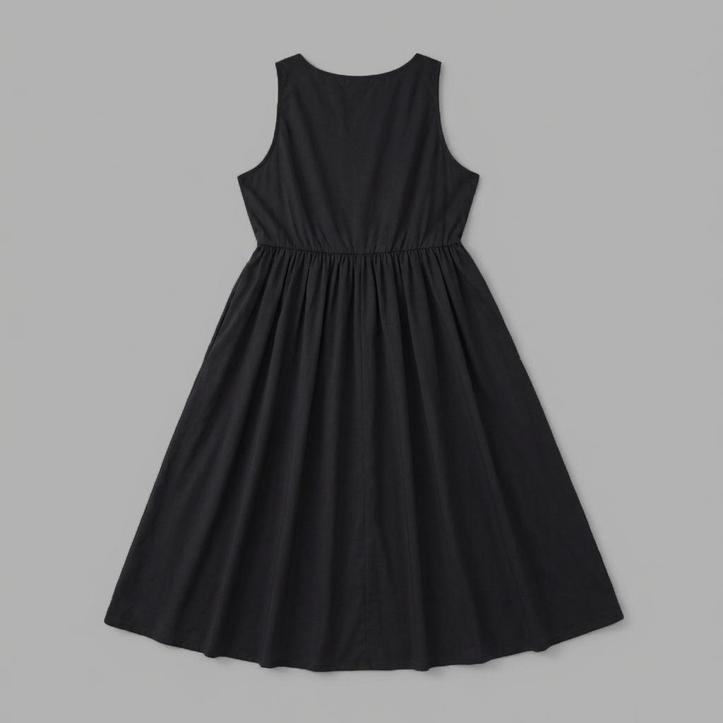 Women's Sleeveless V Neck A Line Dress with Waist Cinch Midi Length Casual Summer Dress