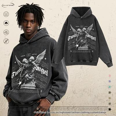Oversized Vintage Washed Hoodie With Graphic Print Unisex Streetwear Loose Fit Cotton Sweatshirt