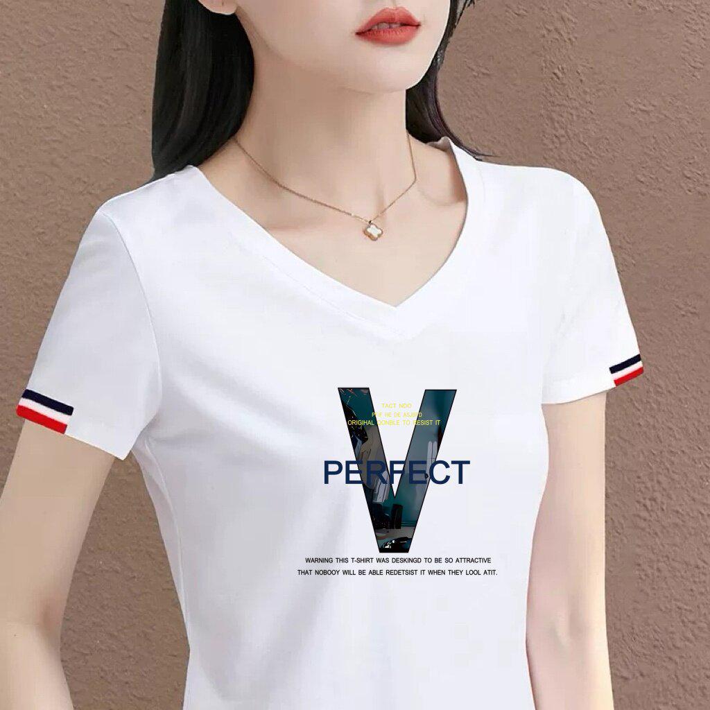Women s Stylish Casual White V-neck Heart Print Short-Sleeve T-shirt S