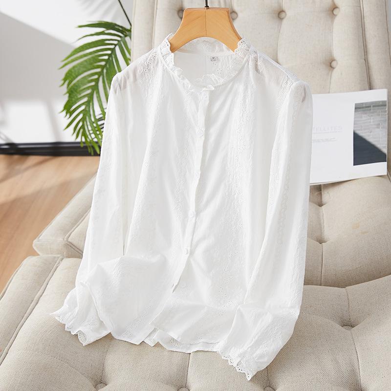 

Apricot Pure Cotton Shirt for Women Long-sleeved Early Spring New Design Niche Age-reducing Embroidered Top M
