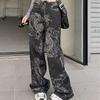 Dragon Pattern Raw Edge Wide-Leg Jeans: Trendy Unisex Slim-Fit Pants