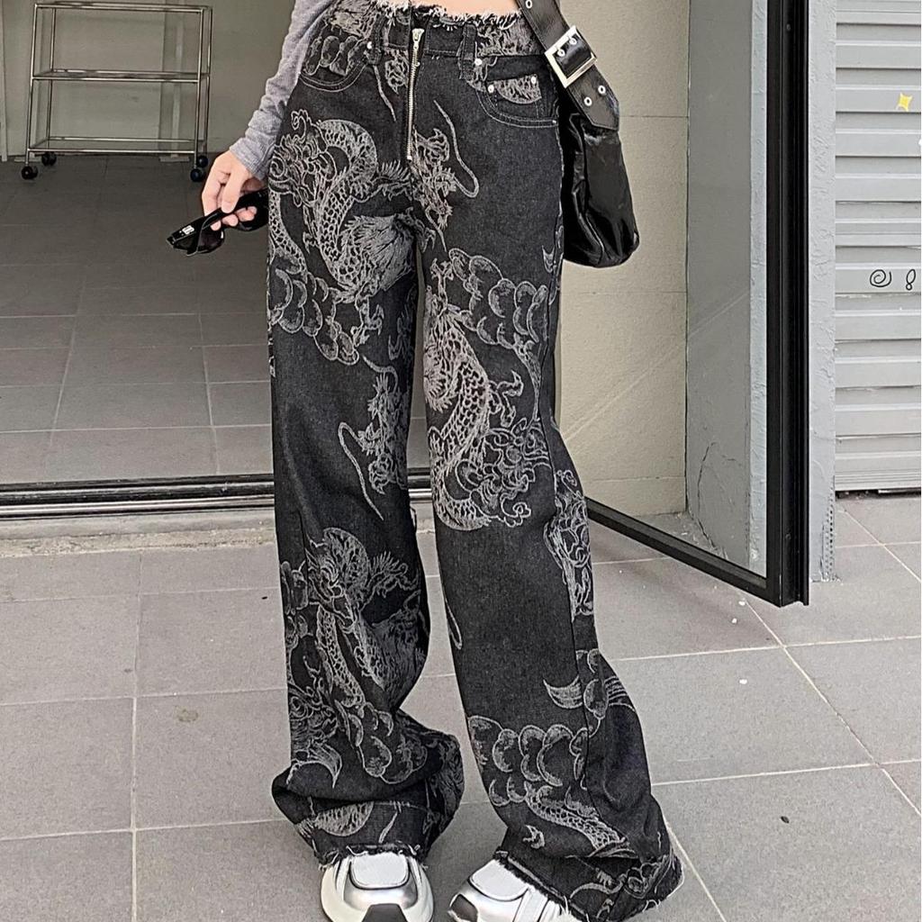 Dragon Pattern Raw Edge Wide-Leg Jeans: Trendy Unisex Slim-Fit Pants