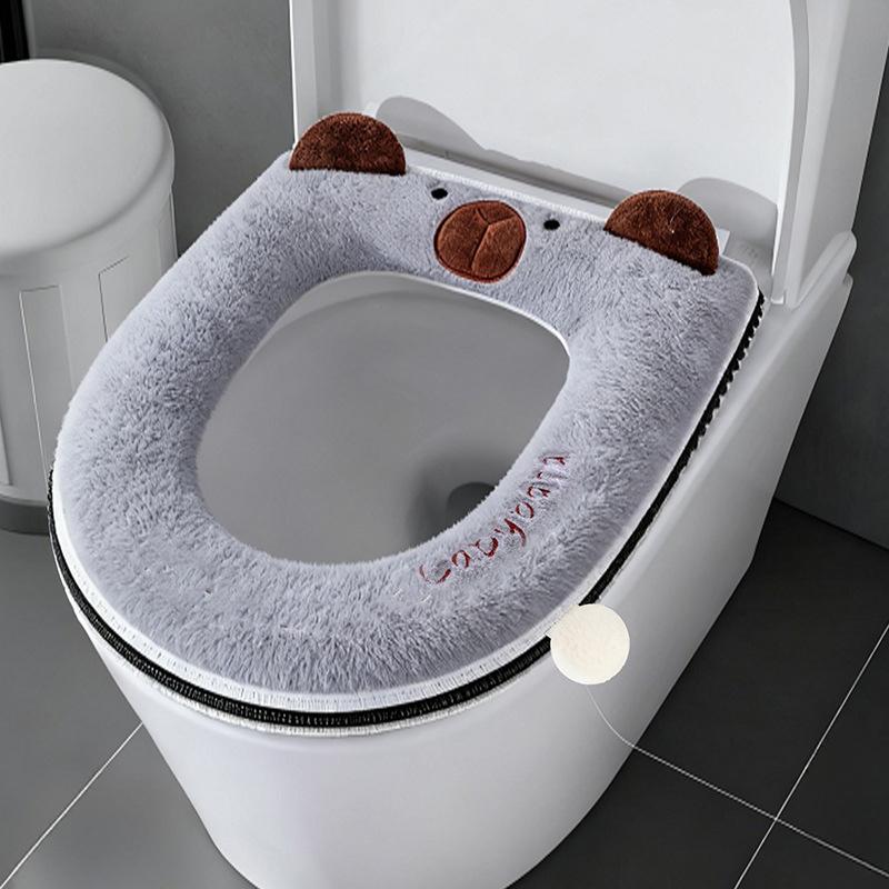 1Pcs Velvet Zippered Toilet Seat Cover Thick Plush for a Cozy Bathroom Gray