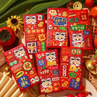 6 Stück Cartoon Chinesisches Schlangenjahr Roter Umschlag Segensdruck Beste Wünsche Neujahrs-Geldumschlag Verdicktes Papier Hong Bao