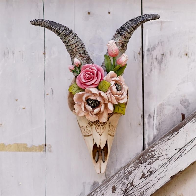 Wall Sculpture Simulation Flower Goat Skull Artwork Props 3D Animal Crafts Decor