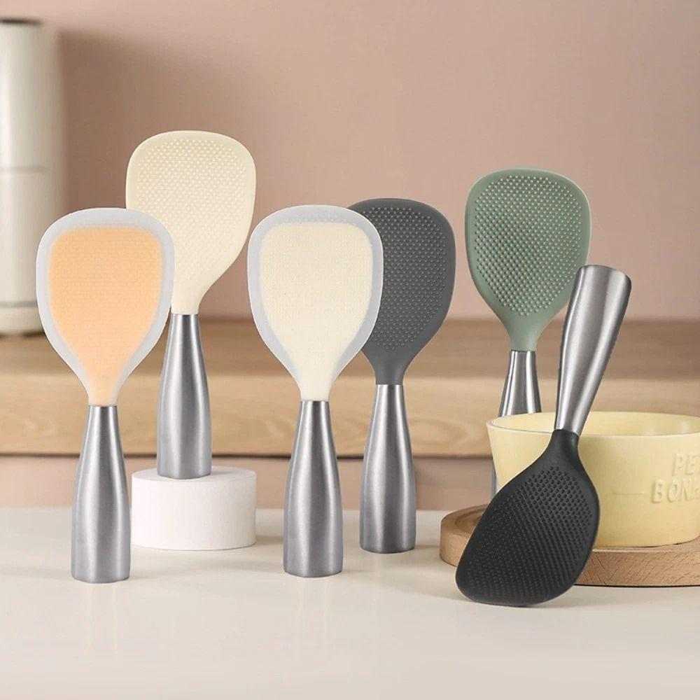 Stainless Steel Handle Silicone Rice Spoon Non-stick Anti Scalding Rice Shovel Heat-resistant Household Canteen Serving Spoon