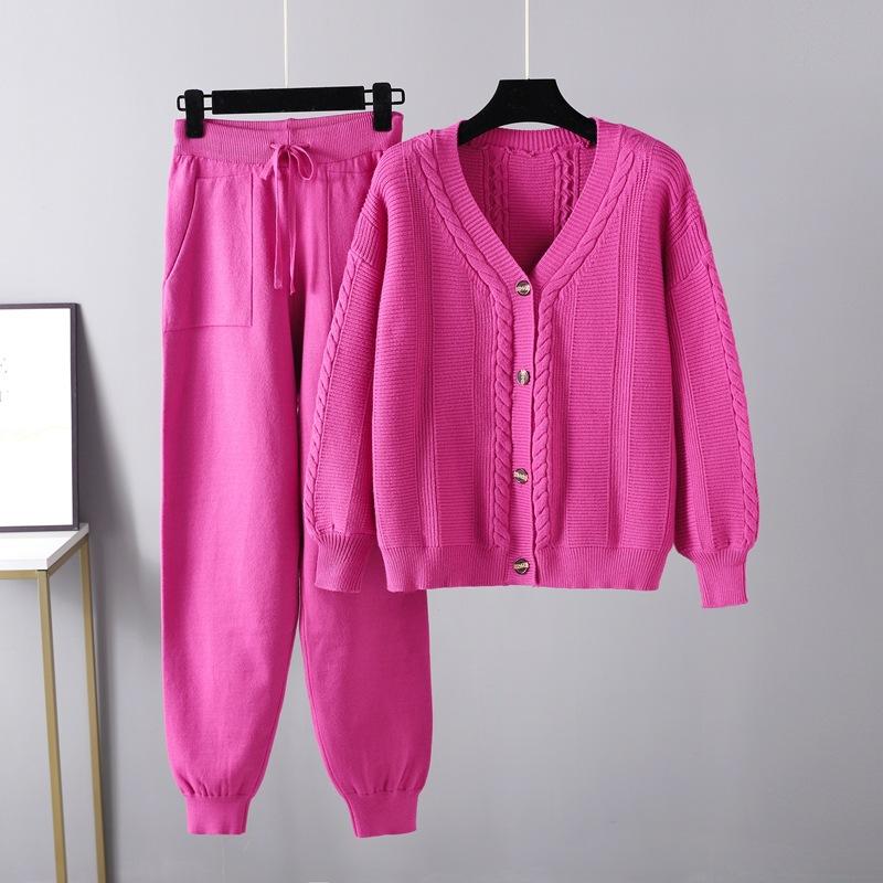 Large size women's clothing new autumn and winter knitted two-piece set twist cardigan solid color set sweater women