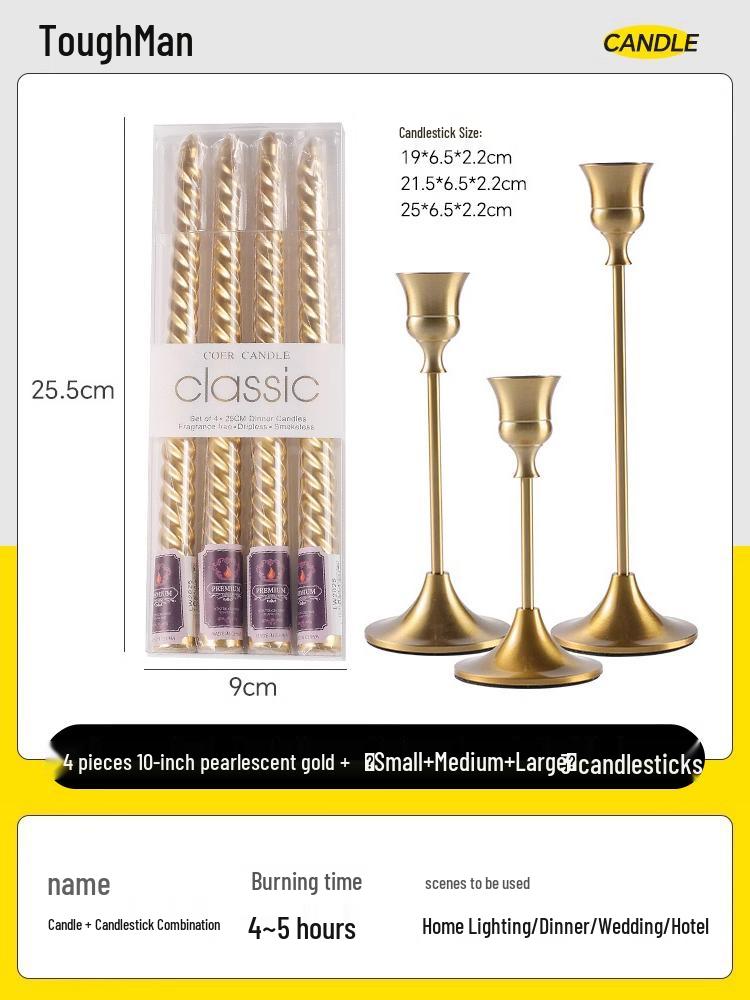 Gold Spiral Candlestick for Romantic Candlelight Dinner - Long, Smokeless, White Candle