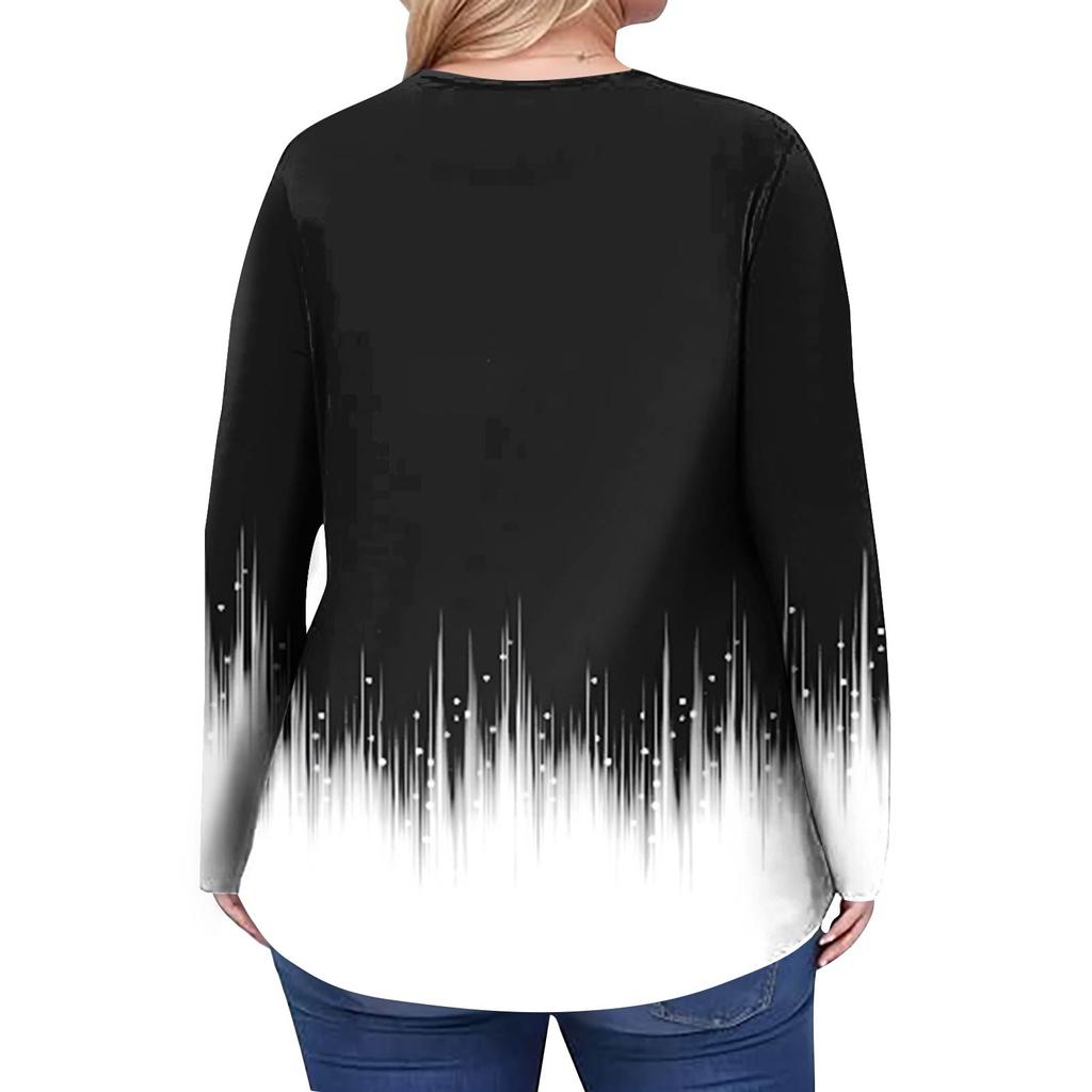 Women's Plus Size Fashion Printed Casual Pleated Round Neck Long Sleeve Top