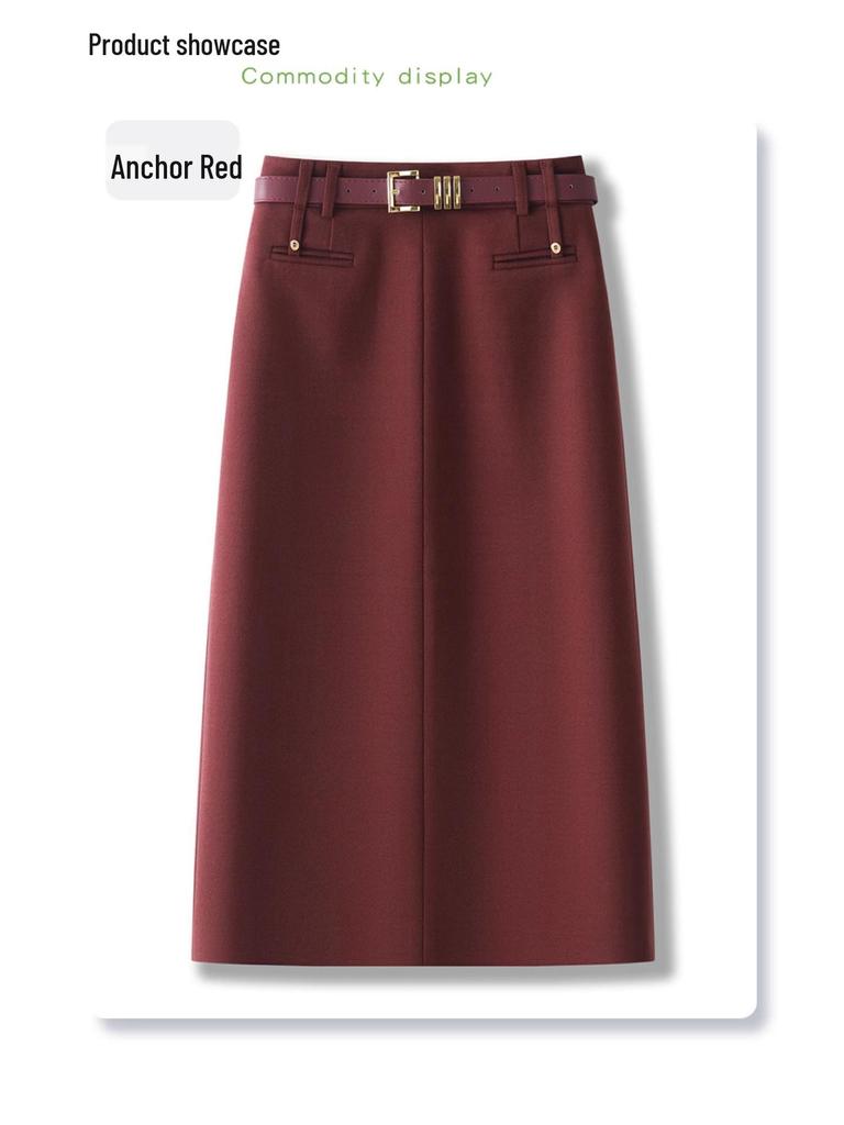 Khaki Wool Midi Bodycon Skirt for Women - 2024 Autumn/Winter New Style with Slit