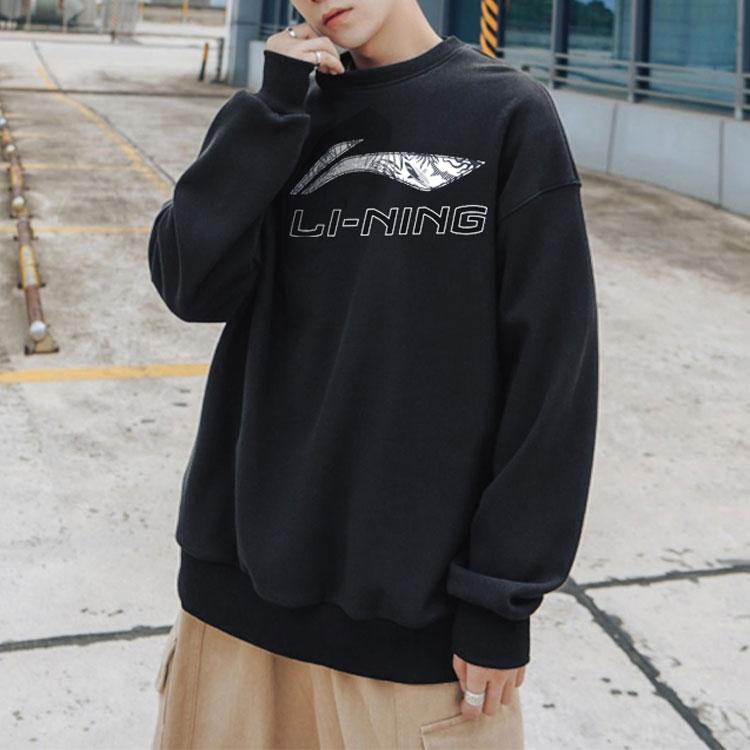Li Ning Sport Fashion Series Logo Camouflage Print Crew Neck Sweatshirt Men Sweatshirt Black AWDT613-1