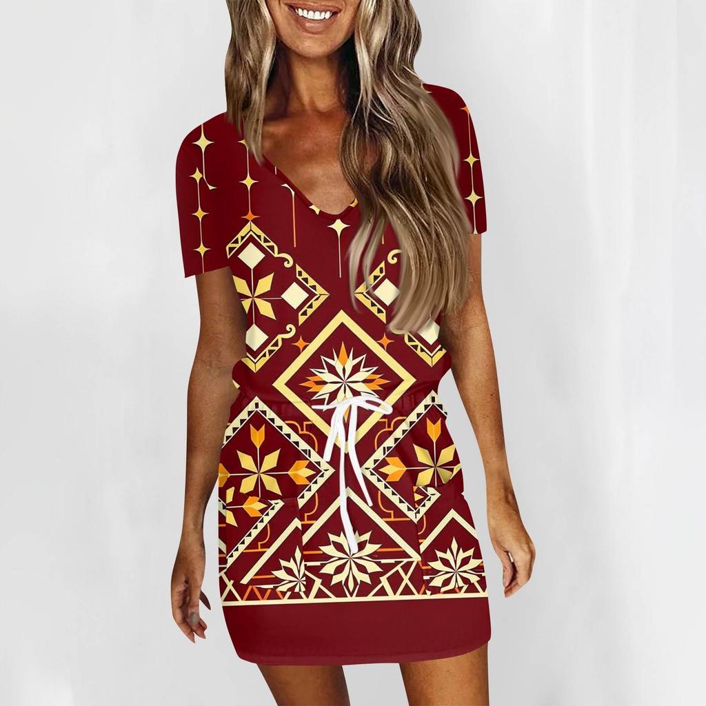 Women's Fashion Casual V-Neck Short Sleeve Drawstring Sequin Printed Dresses
