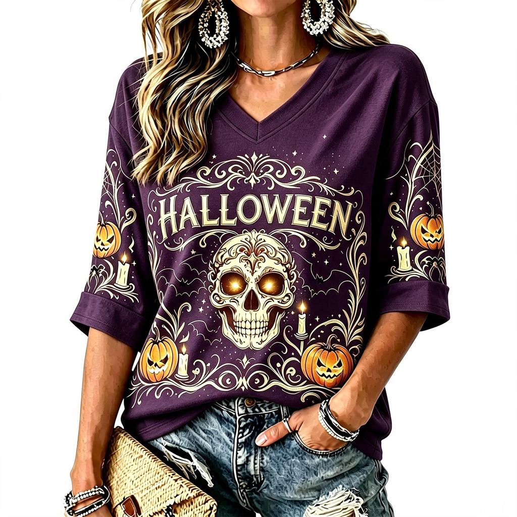 Women's Halloween Print V-Neck T-Shirt Casual Festive Party Top