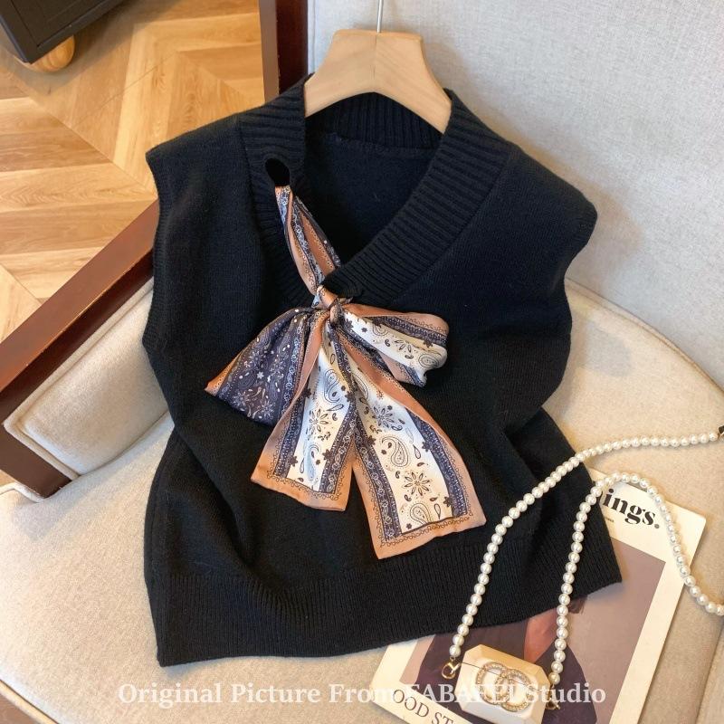 Серый жилет с V-образным вырезом и бантом, женский весенний дизайн, вязаный жилет высокого уровня S