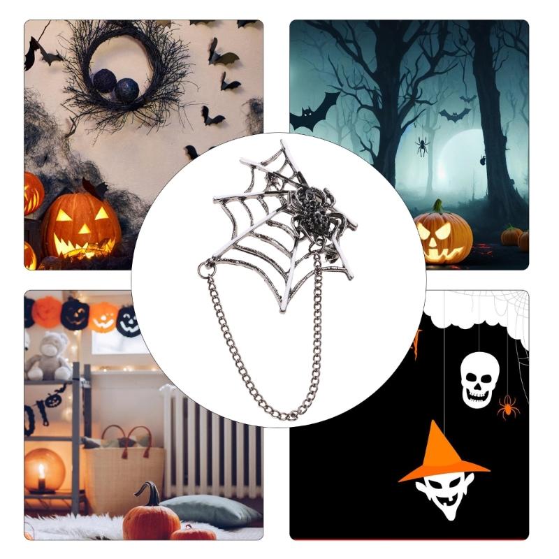 Punk Spiders Net Lapel Pin with Chain Halloween Costume Jewelry Accessories for Women Men, Punk Chain Brooch Lapel Pin