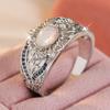 Vintage Inlaid Imitation Moonstone CZ Women's Ring CopperColor Hand Carving Flower Daily Wear Party Jewelry Anniversary Gift