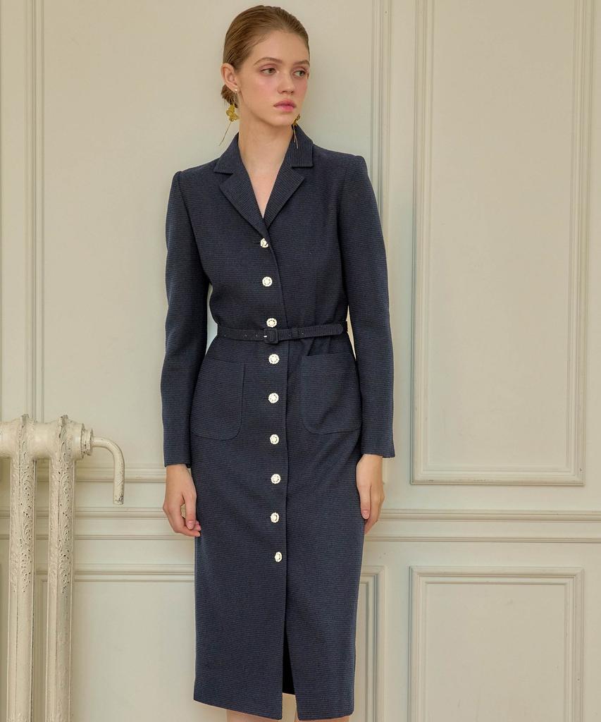 Julie And Kara 24 Fw Collar 99 Etoile Long Queen Dress Tweed Dress Navy