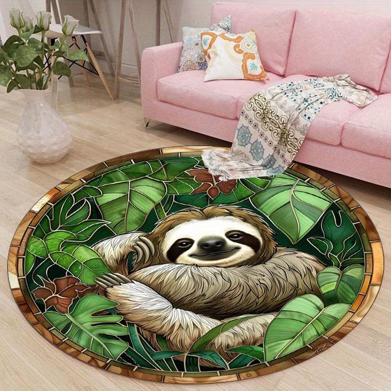 Sloth Animal Round Rug Flannel Printed Carpet Nature Theme Home Decor Cozy Soft Floor Mat Living Room Indoor Use