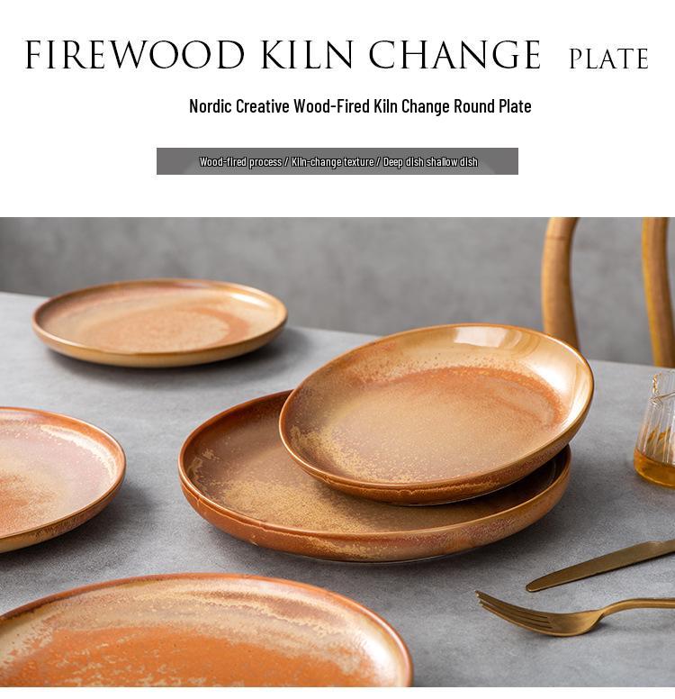 Nordic Style Wood-Fired Ceramic Dinner Plate - Retro Western Steak & Pasta Plate