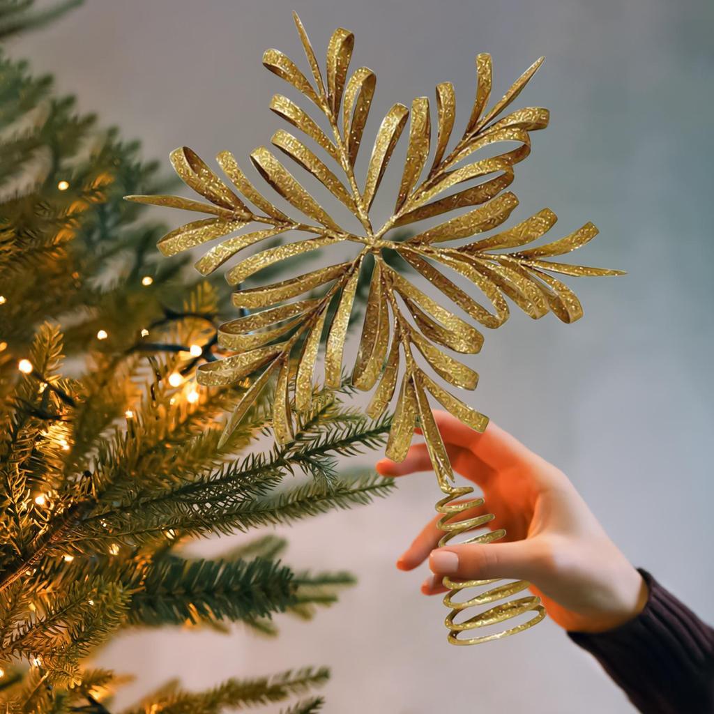 2026 Christmas Tree Topper Star Iron Carving 3D Snowflake Christmas Tree Star Topper Metal Ornaments Display Holiday Decorations