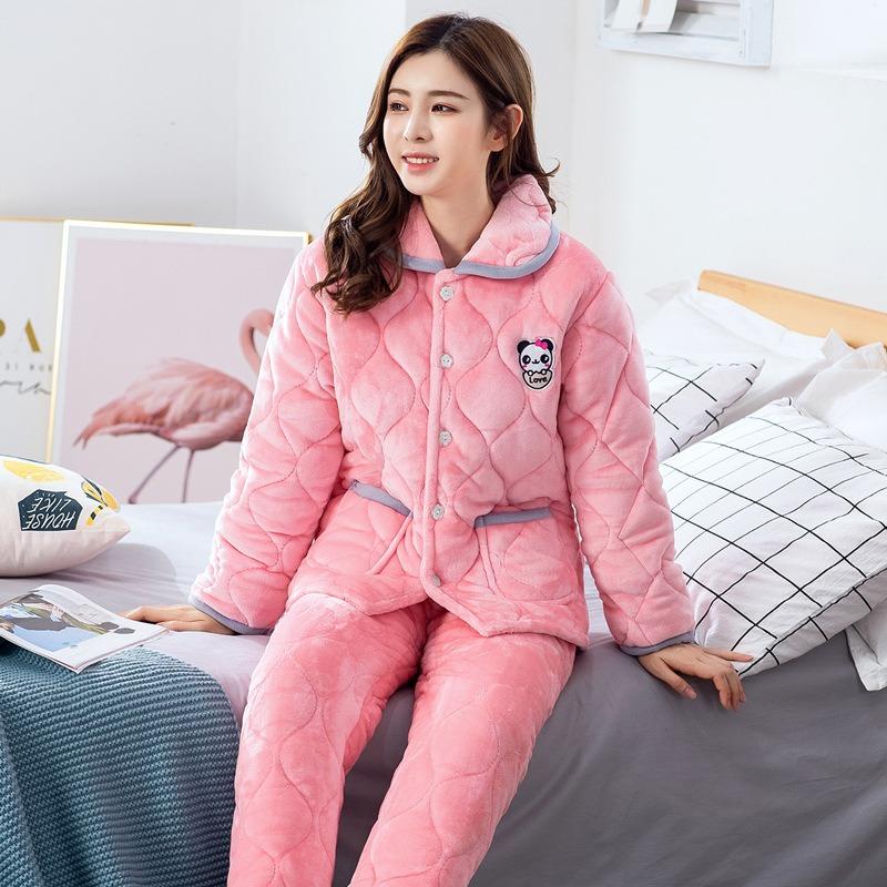 Coral fleece women's pajamas three-layer padded cotton thickened pregnancy postpartum breastfeeding set thermal loungewear