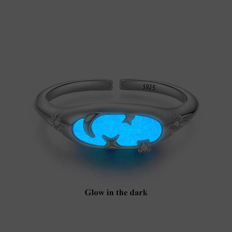 WOSTU 925 Sterling Silver Luminous Ring Glow in The Dark Moon Star Ring for Women Star Moon Minimalist Astronogy Lover Gift