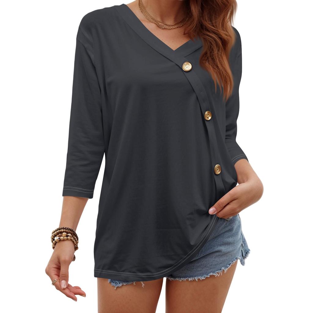 Women's Fashion Casual Three-quarter Sleeve Solid Color Button Round Neck Top