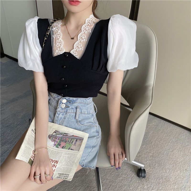 Sexy čipka Dámske tričká Čierna Biela Bubble Sleeve Girls Y2K Tričká Sexy Lady Ležérne tričká Módne topy