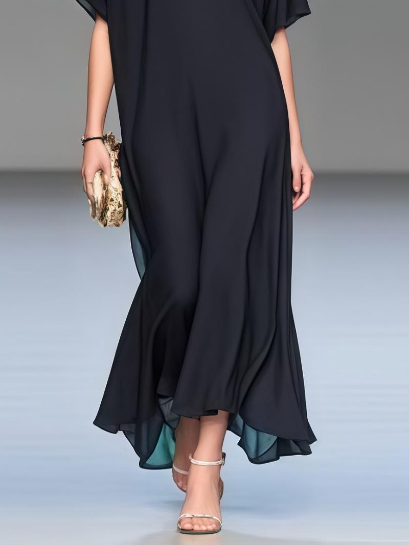 2026 new European and American style V-neck bat sleeve black long dress temperament elegant and thin dress summer dress dress dress S/eu 38-40, us 6-8 чёрный