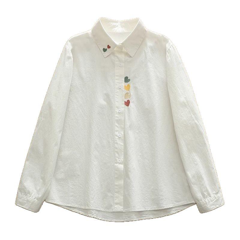 2025 Spring & Autumn Women's Embroidered Long Sleeve White Shirt - Fresh, Versatile, Age-Reducing Student Fashion