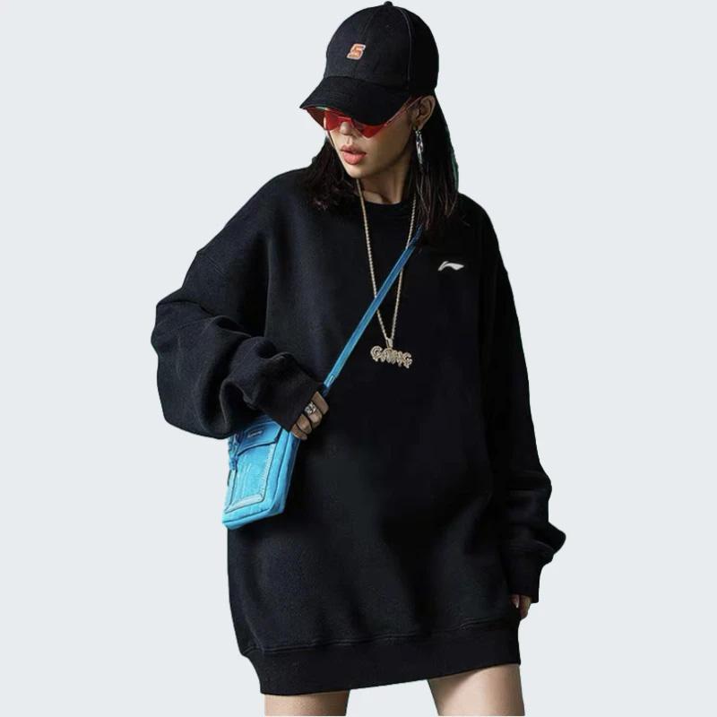 Lining Sports Fashion Series Logo Embossed Fleece Pullover Sweatshirt Unisex Tops Black AWDPD19-12