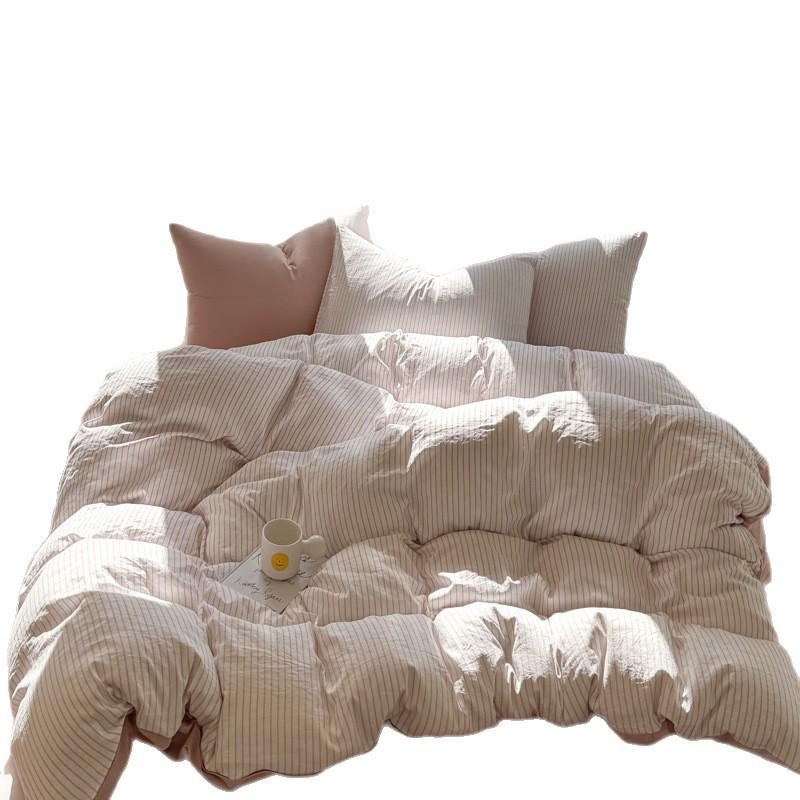 Ins Style Cotton Brushed Stripe Bedding Set: Skin-Friendly Bed Sheet, Duvet Cover, and Bed Skirt for Student Dorms