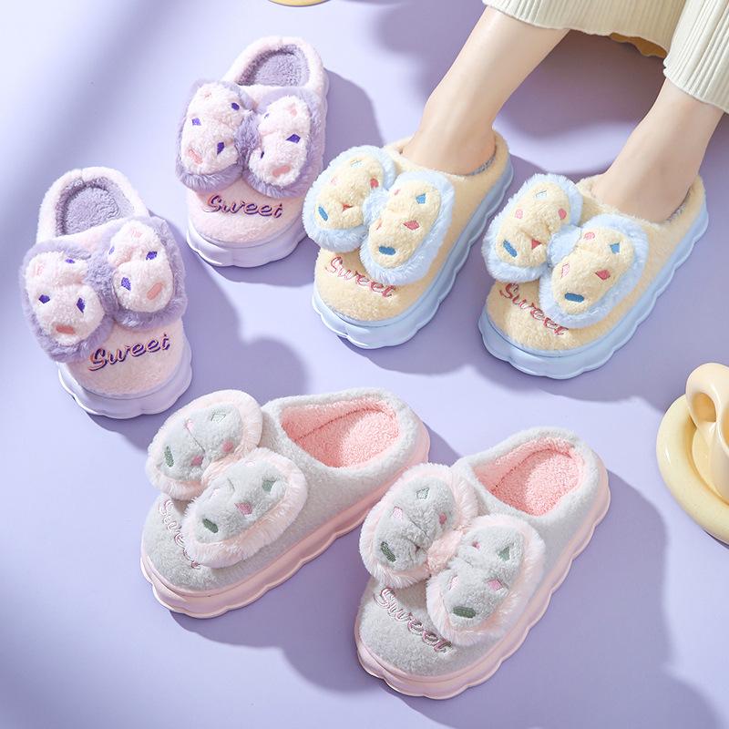 Fashion Cotton Shoes For Women Bow Autumn Winter Warm Non-slip Indoor Girl Color Contrast Cute Comfortable Fluffy Cotton Slippers