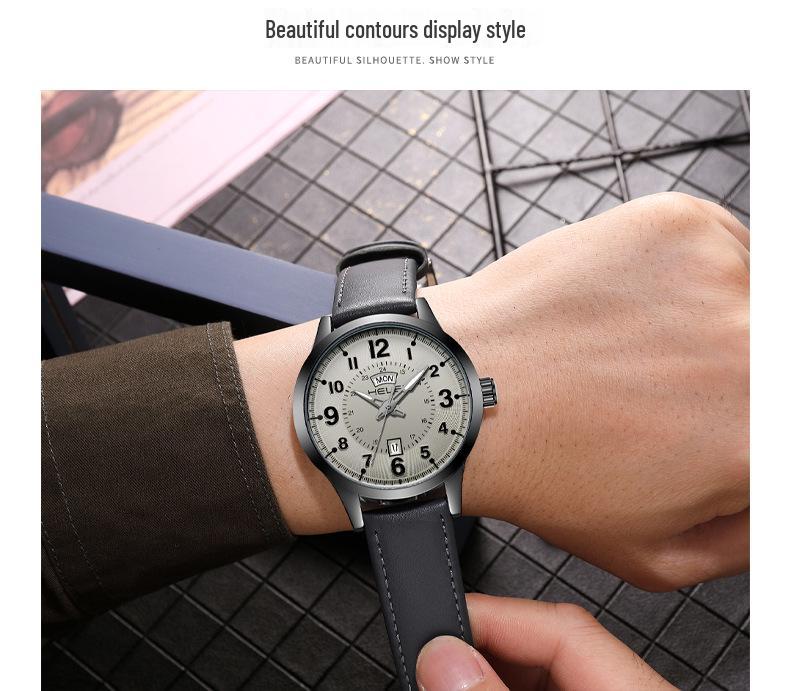 HELEI Wasserdichte Herren-Quarzuhr mit echtem Lederarmband - Modell H9019