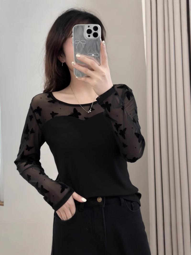 

Spring 2026 Butterfly Mesh Long Sleeve Plus Size Slimming Base Layer Top XL (120-140 lbs)