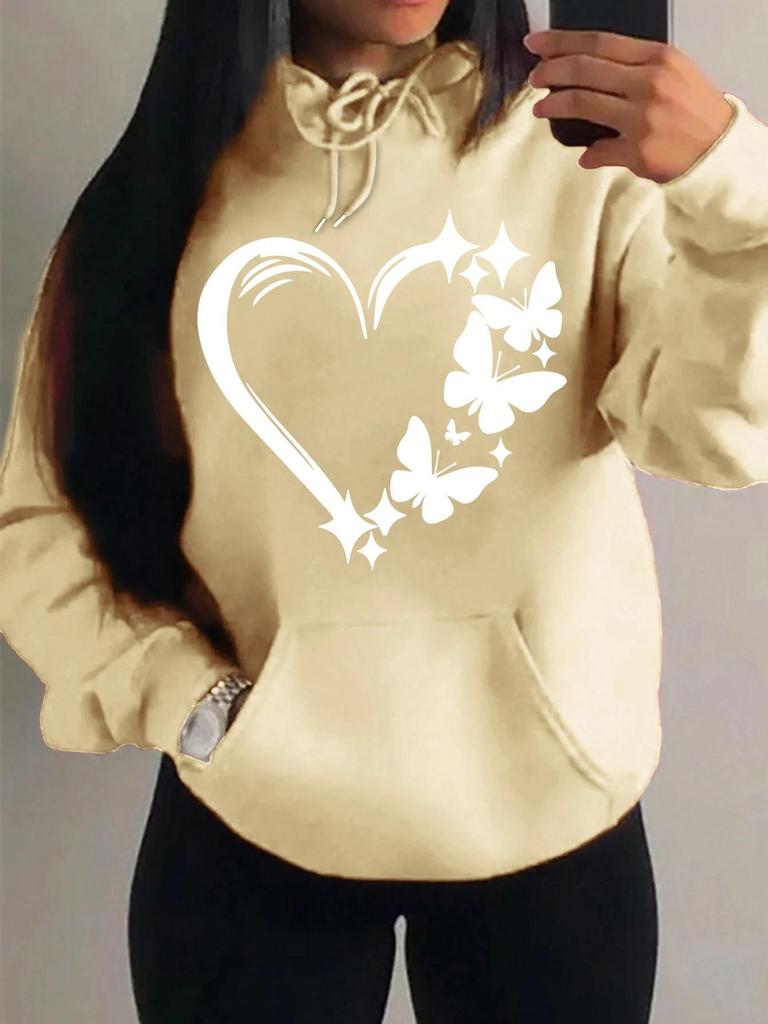 Women's Loose Fleece Hoodie with Love & Butterfly Print
